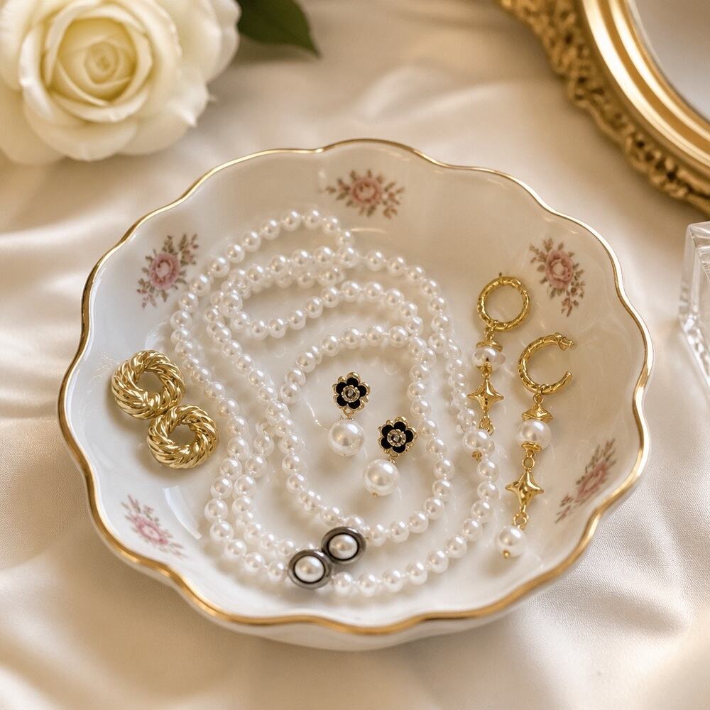 Chanel Style Pearl Necklace & 3 Pairs Earrings Set Gold Plated Mid Century